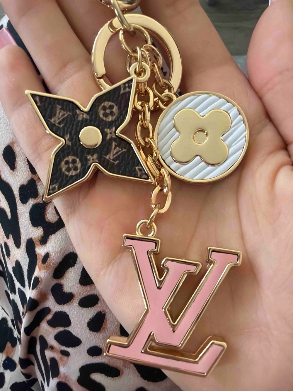 Louis Vuitton Pink & Monogram LV Charm Keyring with Gold Accents